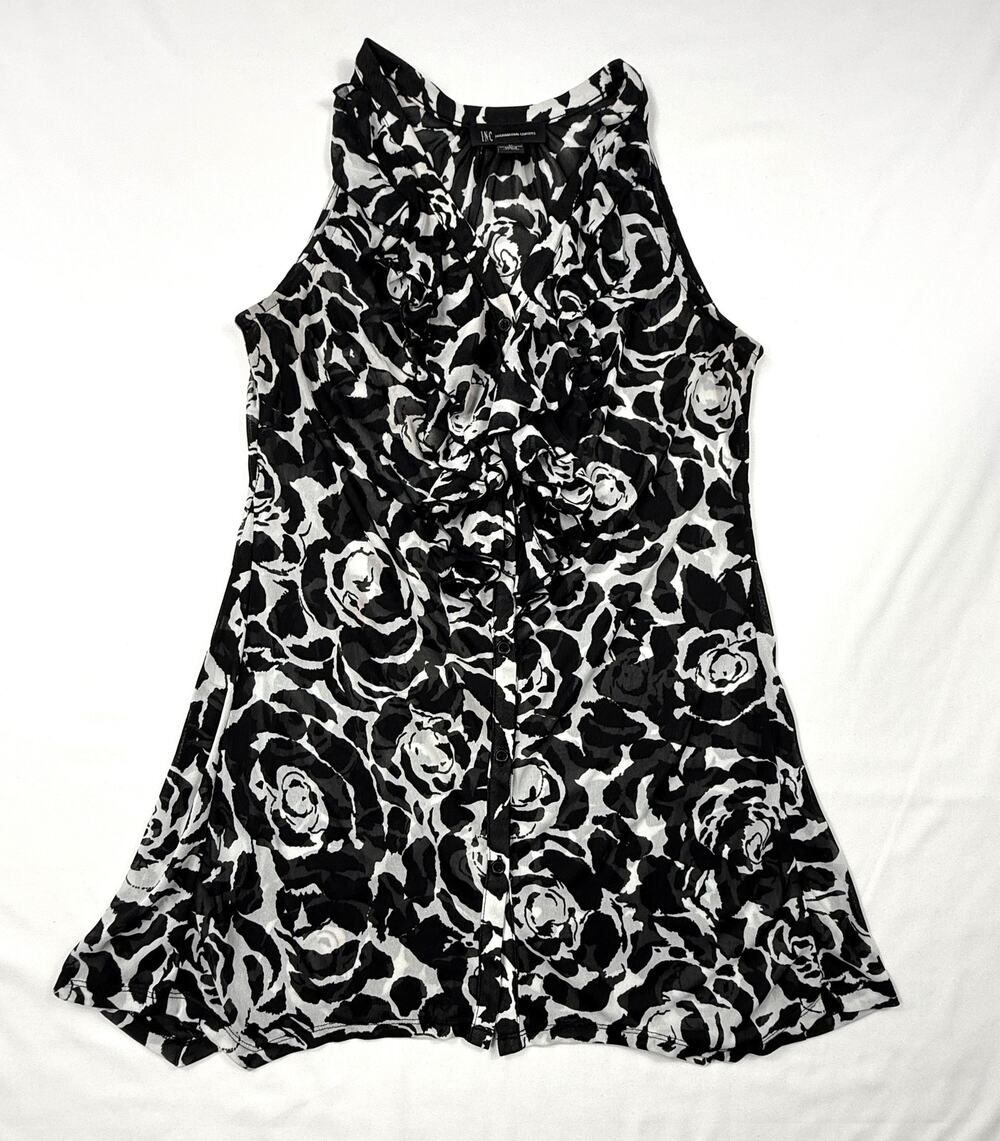 INC Women's Size S Asymmetrical Top Blouse Black White Stretch Sheer Sz M